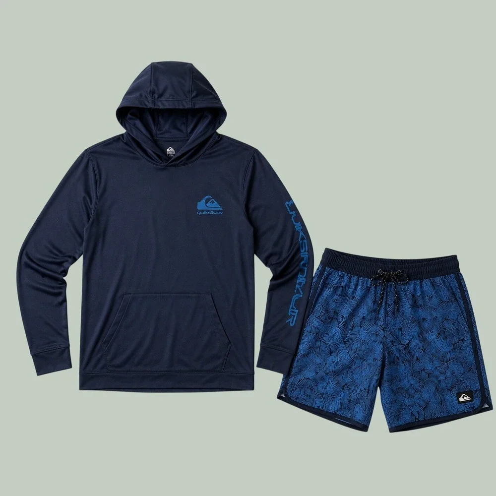Quiksilver Mens 2-Piece Surf Set Navy Blue Hooded Rash Guard Swim Trunks Large